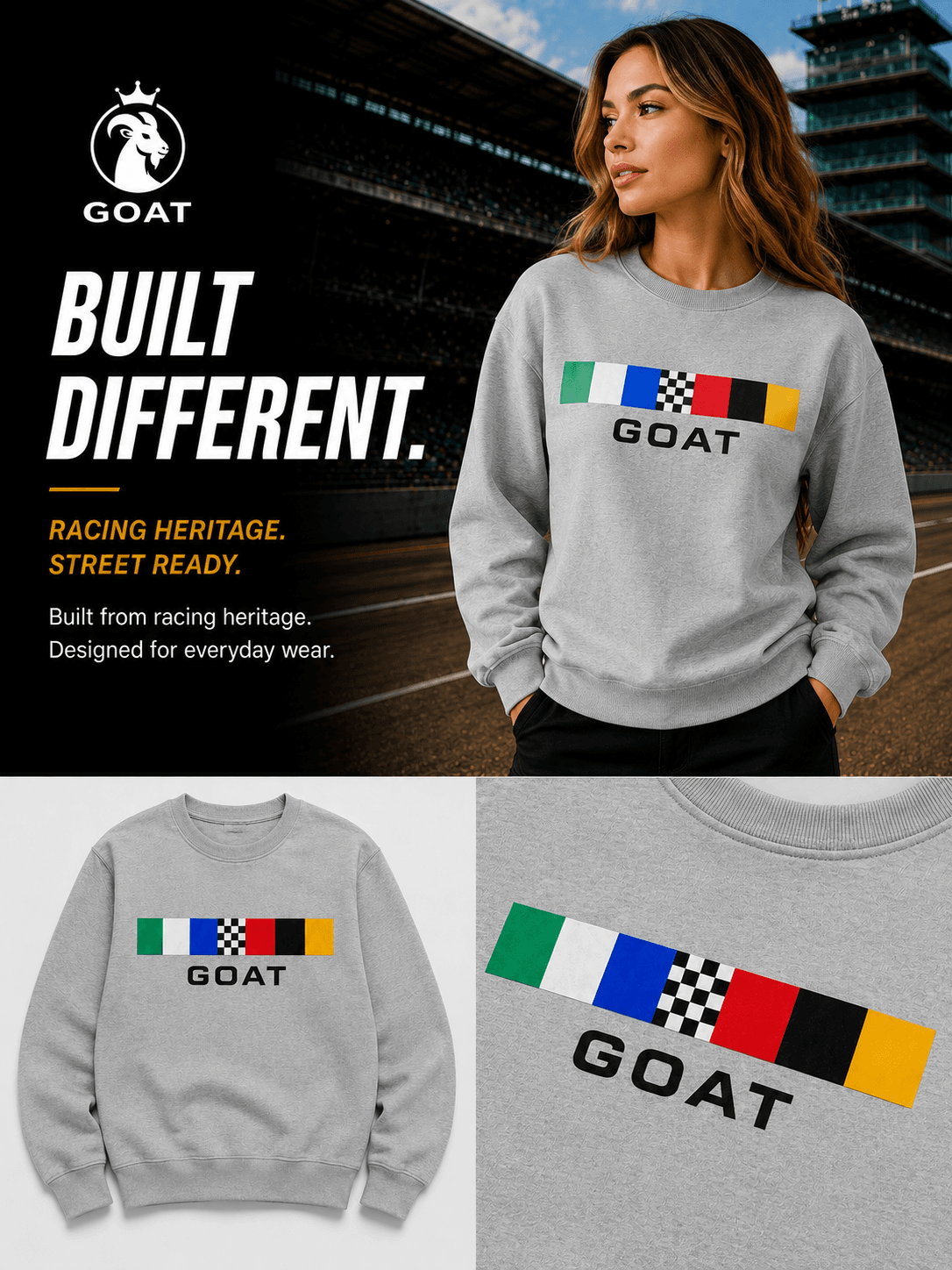 GOAT Indy Racing Stripe Series Crewneck Sweatshirt
