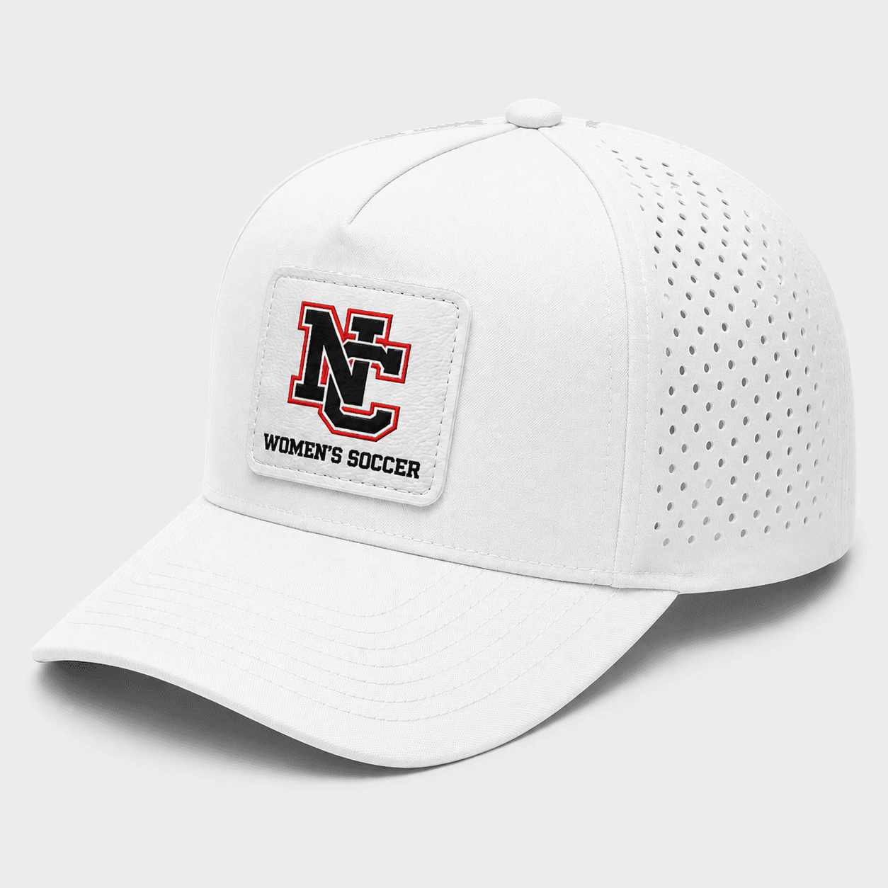 ChatGPT Image Aug 11 2026 12_59_03 PM | Greatest Of All Tees | GOAT White baseball cap with perforated side panels and a stitched patch that reads 'NC Women's Soccer'.