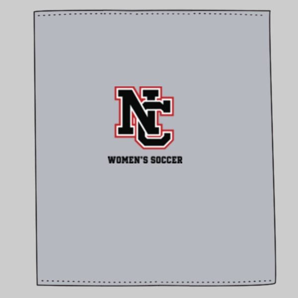 Gildan-Fleece-Stadium-Blanket-Athletic-Grey | Greatest Of All Tees | GOAT Interlocking NC logo with red outline and 'WOMEN'S SOCCER' text on a gray fabric backdrop with stitched borders.