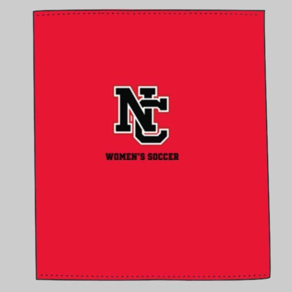 Gildan-Fleece-Stadium-Blanket-Red | Greatest Of All Tees | GOAT Red fabric banner with stitched black border, featuring a black-and-white NC logo and the text 'WOMEN'S SOCCER'.