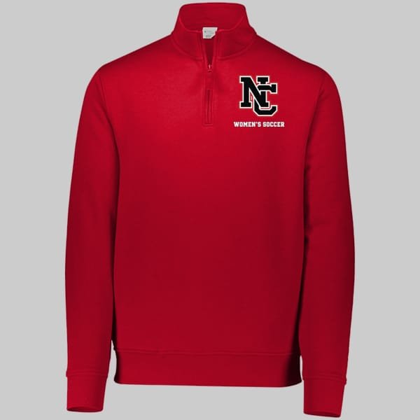 NCWS-Augusta-Sportswear-60-40-Quarter-Zip-Red | Greatest Of All Tees | GOAT Red quarter-zip pullover with NC women's soccer logo on the left chest.