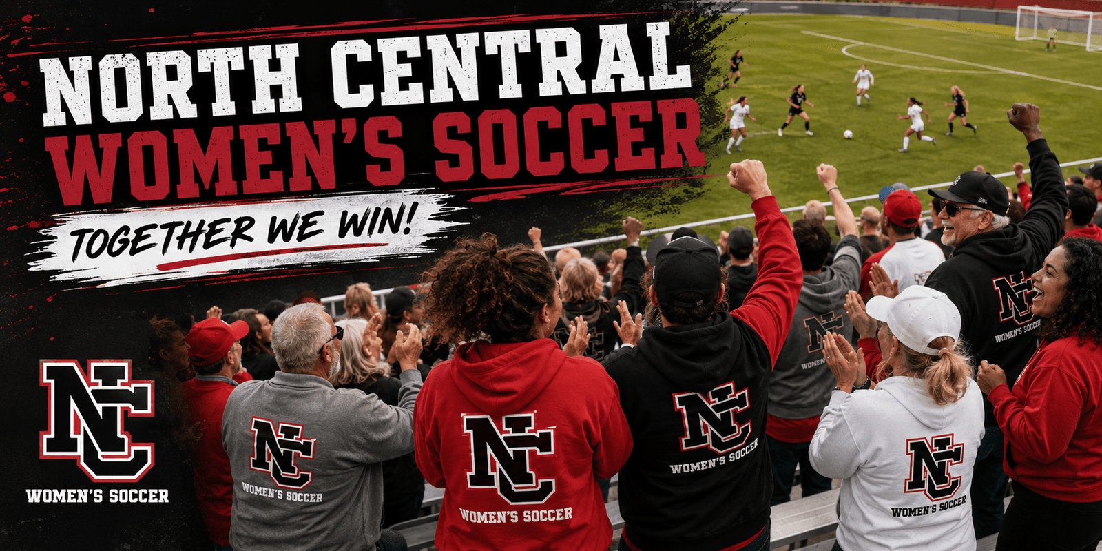 North Central Women's Soccer banner with a cheering crowd at a soccer match, indicating team spirit and unity.