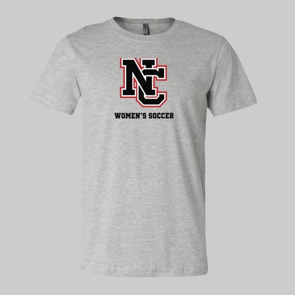 NCWS-Bella-3001-CVC-NC-Logo-Athletic-Heather | Greatest Of All Tees | GOAT Gray t-shirt featuring a black and red NC logo with 'WOMEN'S SOCCER' text on the chest.
