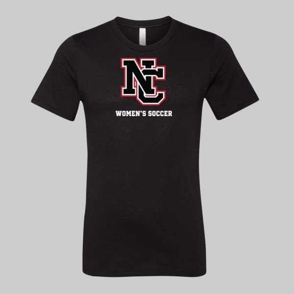 NCWS-Bella-3001-CVC-NC-Logo-Black | Greatest Of All Tees | GOAT Black women's soccer T-shirt with a red-outlined NC logo and 'WOMEN'S SOCCER' text on the chest.
