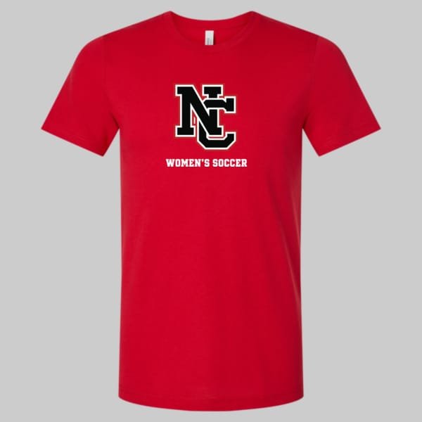 NCWS-Bella-3001-CVC-NC-Logo-Red | Greatest Of All Tees | GOAT Red t-shirt featuring a black-and-white NC logo and the text 'WOMEN'S SOCCER' beneath it.