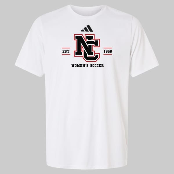 NCWS-EST-1956-Adidas-Mens-Pregame-T-Shirt-White | Greatest Of All Tees | GOAT White T-shirt featuring a black and red NC logo with EST 1956 and 'Women's Soccer' text underneath