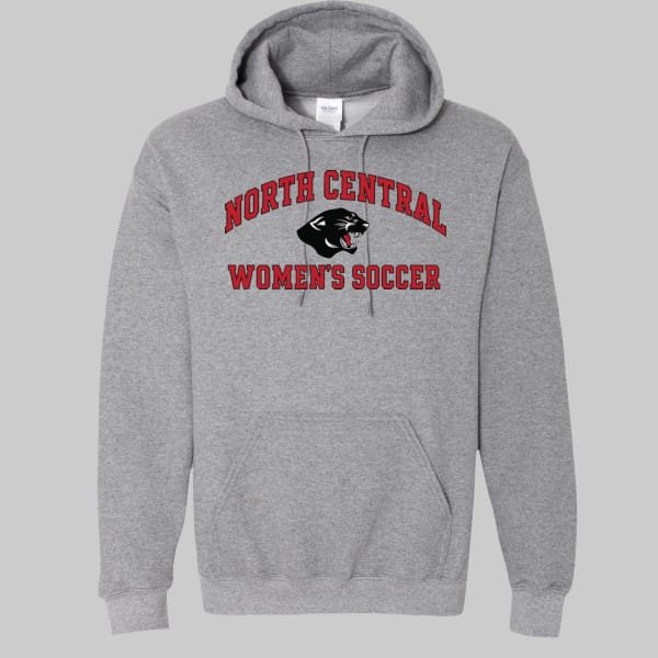 NCWS-Hoodie-Heather-Grey | Greatest Of All Tees | GOAT Gray hoodie with red 'North Central Women's Soccer' text and a black panther logo on the chest.