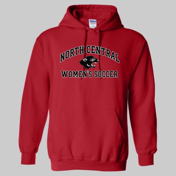 NCWS-Hoodie-Red | Greatest Of All Tees | GOAT Red hoodie displaying the North Central Women’s Soccer logo with a black panther head and curved text above and below it.