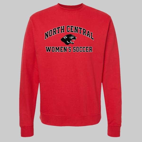 NCWS-Independent-Trading-Co-Unisex-Midweight-Crewneck-Sweatshirt-Red | Greatest Of All Tees | GOAT Red crewneck sweatshirt displaying the 'North Central Women's Soccer' logo with a black panther graphic.