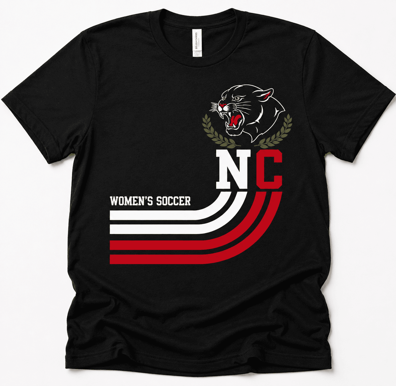NCWS-Retro-Design-Black | Greatest Of All Tees | GOAT Black T-shirt featuring a snarling panther head above a stylized NC with white and red curved stripes and the text 'WOMEN'S SOCCER' — college athletics design.