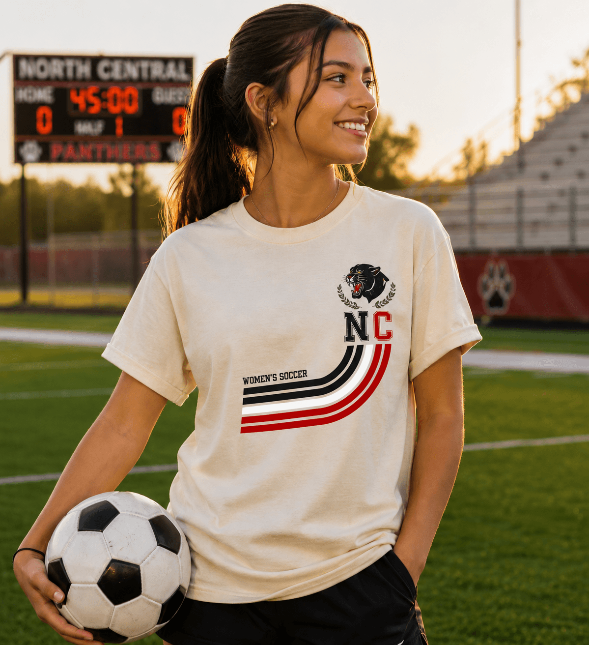NCWS-Retro-Design-Natural | Greatest Of All Tees | GOAT Smiling young woman in a cream NC women's soccer shirt holds a soccer ball on a sunlit field with bleachers and a scoreboard in the background.