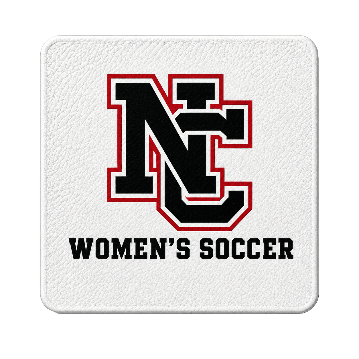 image 8 | Greatest Of All Tees | GOAT Leather-textured white square patch featuring NC State's black-and-red interlocking logo with the caption 'WOMEN'S SOCCER' below.